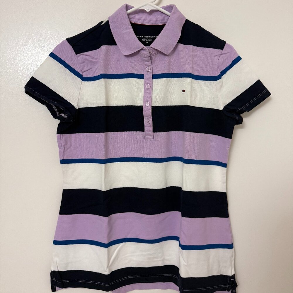 Tommy Hilfiger Women Purple Heritage Snap 3 Color Striped Polo Shirt (Size M)